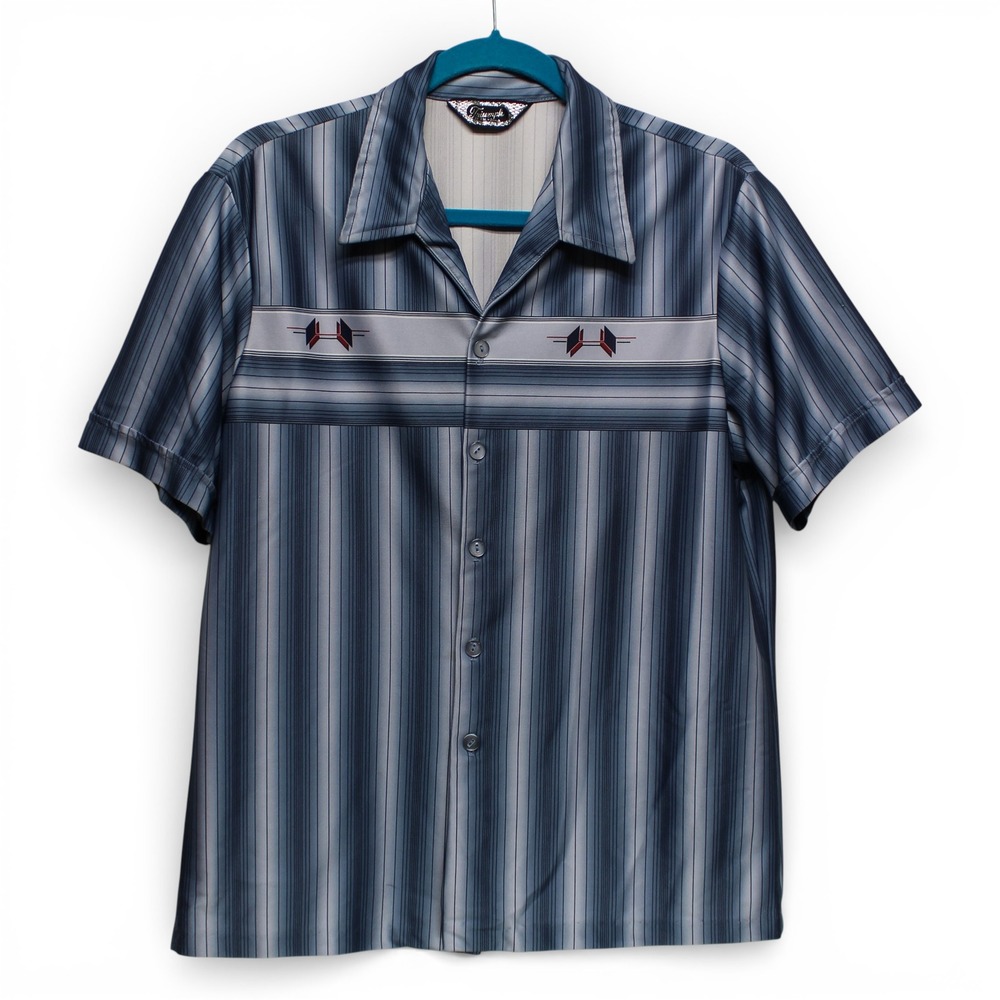 Triumph of California Bowling Shirt Mens‎ L Blue Gray Excellent Retro Striped